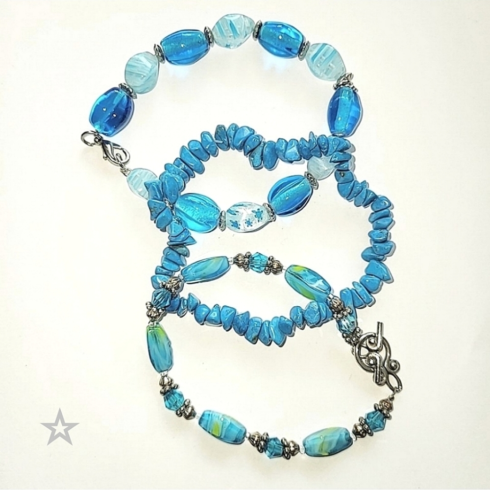 3 BLUE LUCITE BEAD & STONE BRACELETS
